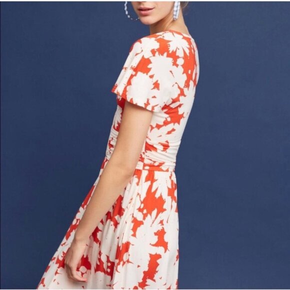 3/$30 ANTHROPLOGIE  MAEVE ORANGE FLORAL PRINT RUCHED SUMMER BREEZE SUN DRESS XS - Picture 5 of 16